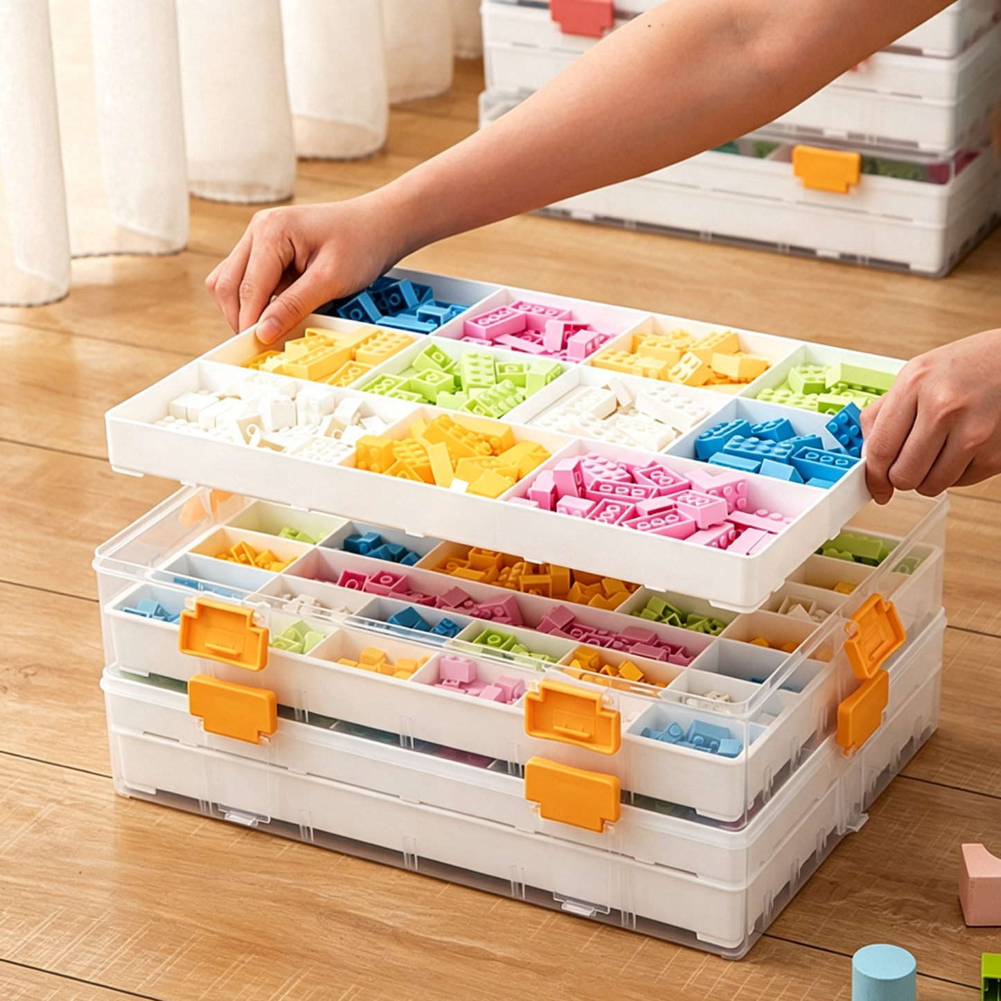 Caja clasificadora de piezas de bloques de construcción, contenedor de clasificación transparente, caja de almacenamiento compartimentada para ladrillos pequeños.