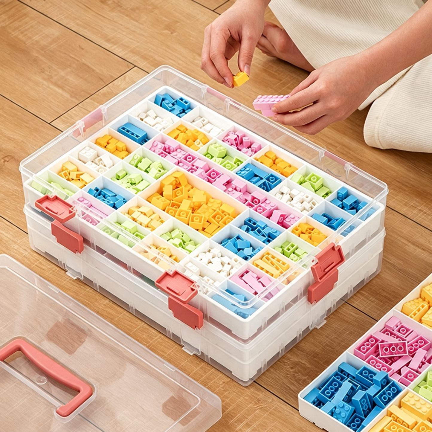 Caja clasificadora de piezas de bloques de construcción, contenedor de clasificación transparente, caja de almacenamiento compartimentada para ladrillos pequeños.