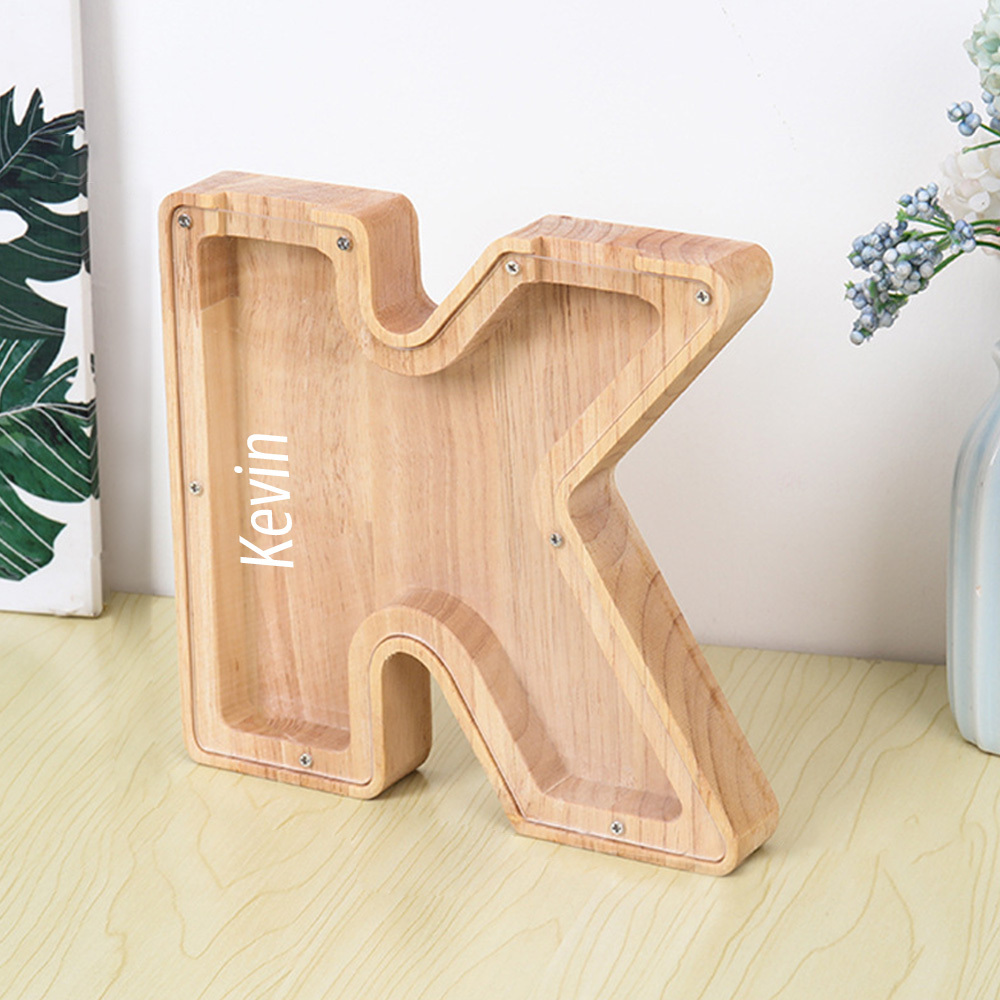 Hucha personalizada con letras y almacenamiento para manualidades: diseño dual de madera y acrílico