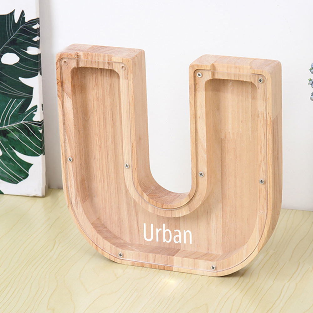 Hucha personalizada con letras y almacenamiento para manualidades: diseño dual de madera y acrílico
