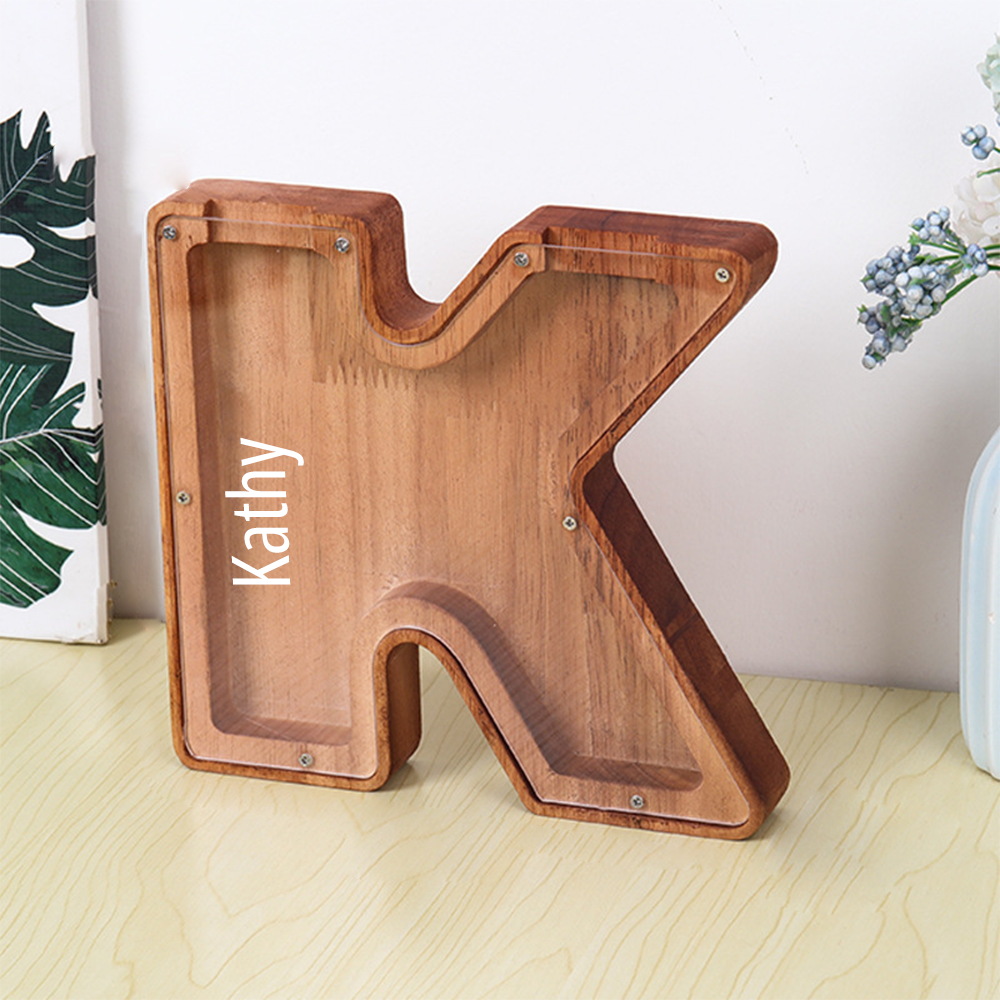 Hucha personalizada con letras y almacenamiento para manualidades: diseño dual de madera y acrílico