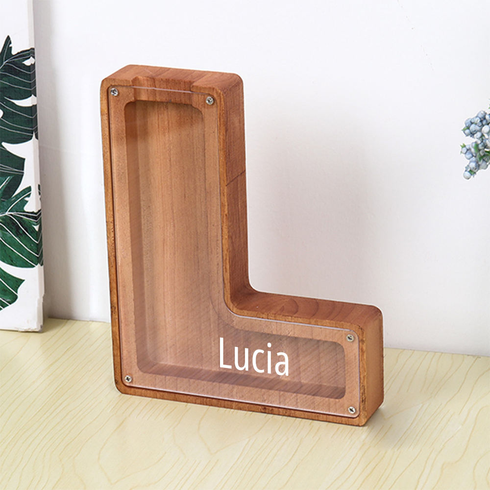 Hucha personalizada con letras y almacenamiento para manualidades: diseño dual de madera y acrílico