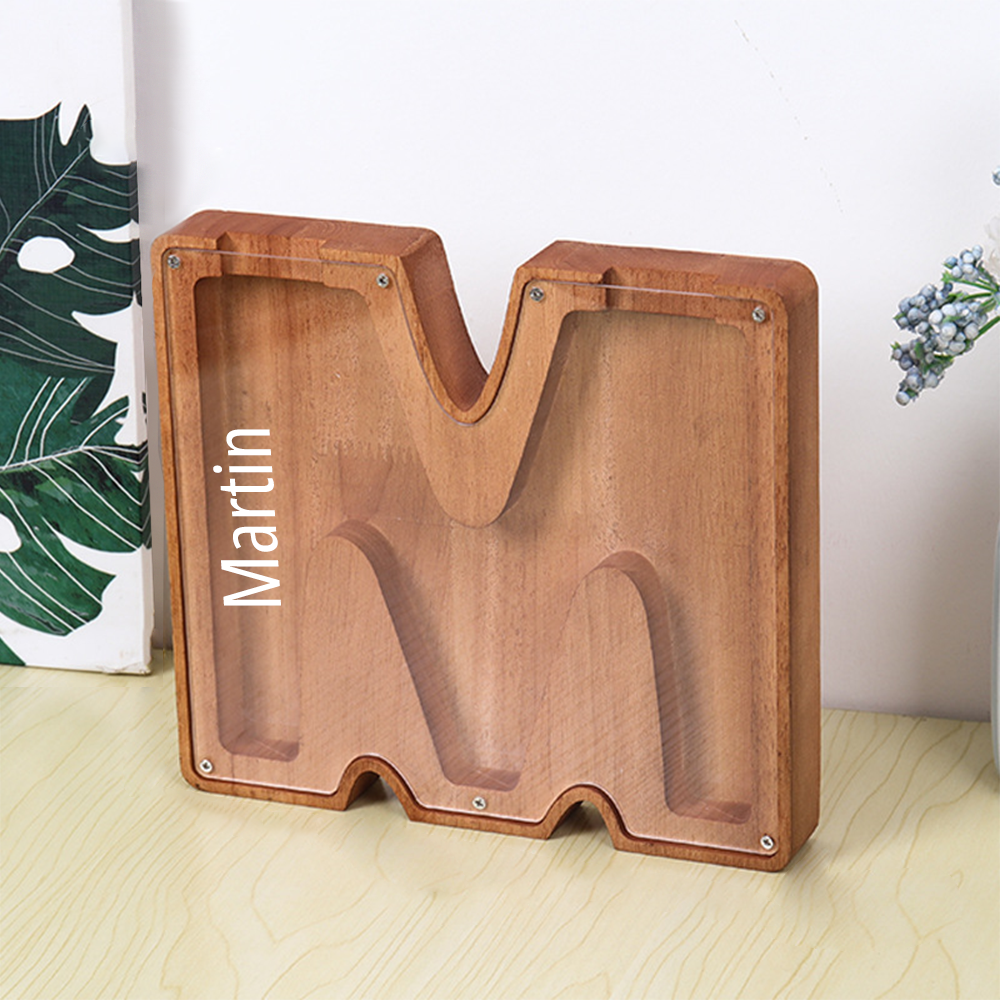 Hucha personalizada con letras y almacenamiento para manualidades: diseño dual de madera y acrílico