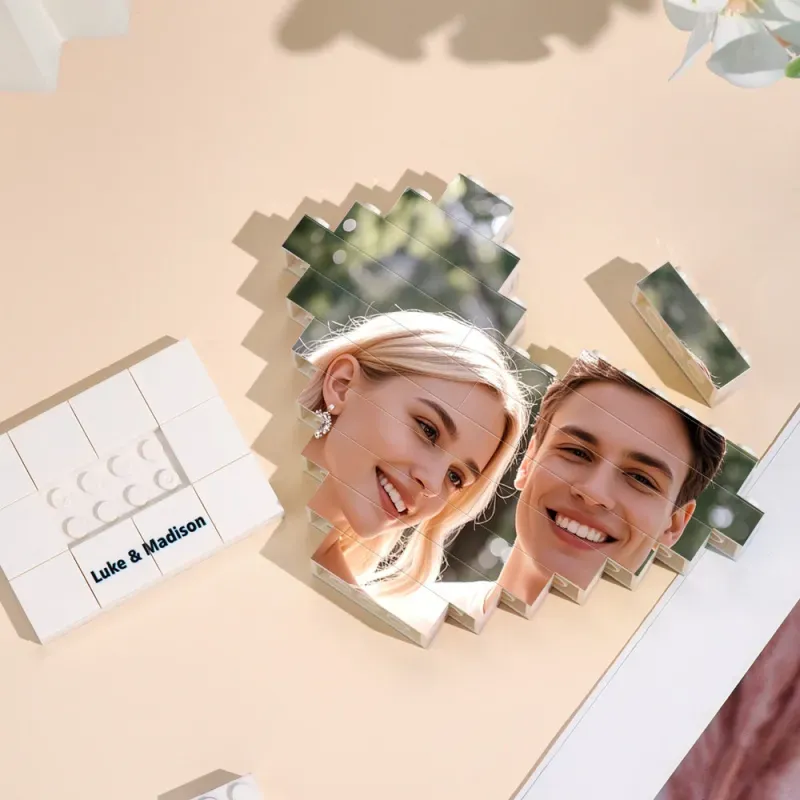 Bloque de construcción con foto en forma de corazón personalizado con soporte, rompecabezas de ladrillos de construcción personalizado, regalo para pareja