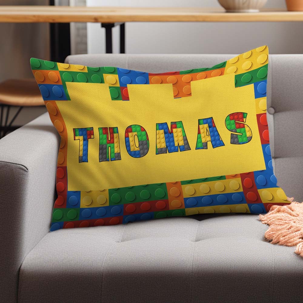 Almohada de bloques de construcción personalizada con funda, almohadas decorativas para niños, el mejor regalo para el cumpleaños de un entusiasta de los bloques de construcción.