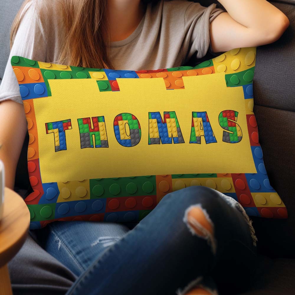 Almohada de bloques de construcción personalizada con funda, almohadas decorativas para niños, el mejor regalo para el cumpleaños de un entusiasta de los bloques de construcción.