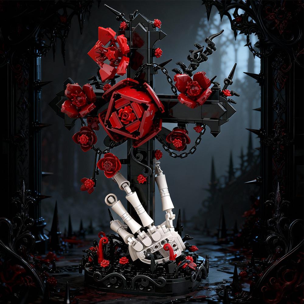 Juego de bloques de construcción de cruz gótica, regalo con temática de Halloween, compatible con bloques de construcción de partículas pequeñas.