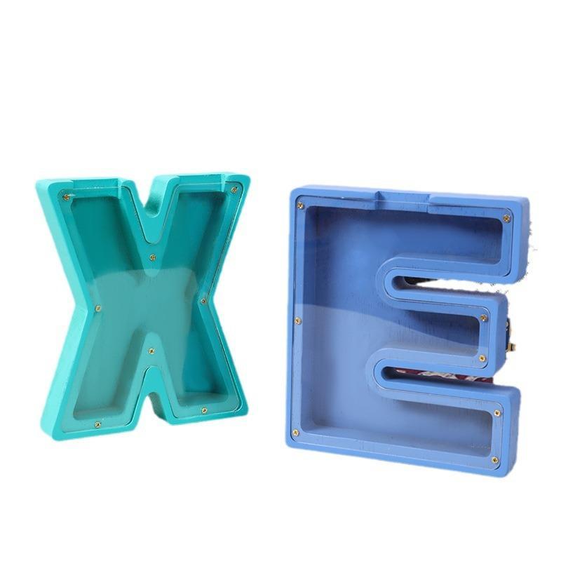 Hucha de madera con 26 letras en inglés, caja de almacenamiento de piezas de acrílico transparente, artículo especial para decoración de mesa de cumpleaños.