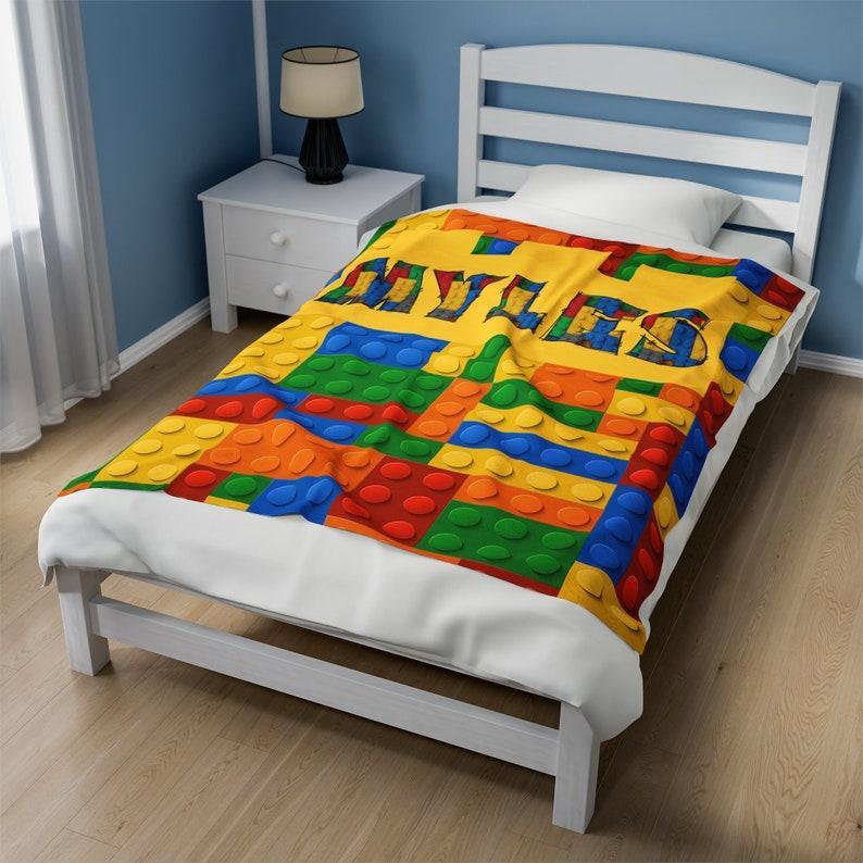Manta de bloques de construcción con nombre personalizado, manta de piezas de ladrillos personalizada, manta decorativa para sofá