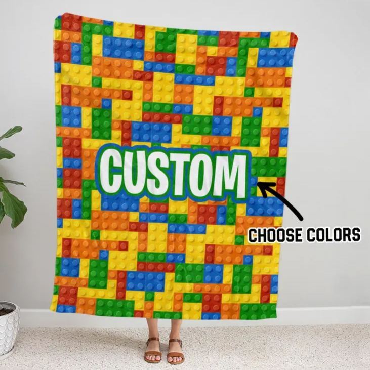 Manta de bloques de construcción con nombre personalizado, manta de piezas de ladrillos personalizada, manta decorativa para sofá