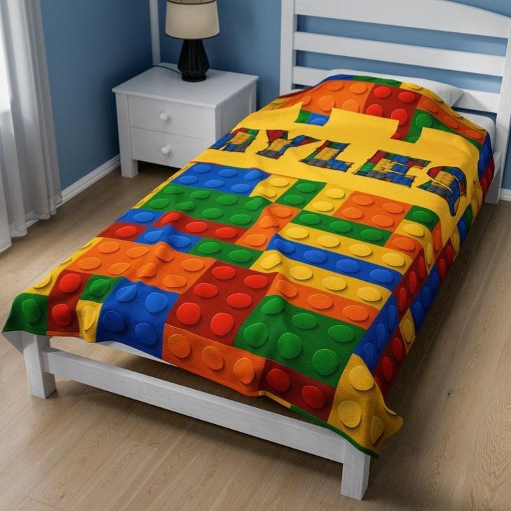Manta de bloques de construcción con nombre personalizado, manta de piezas de ladrillos personalizada, manta decorativa para sofá