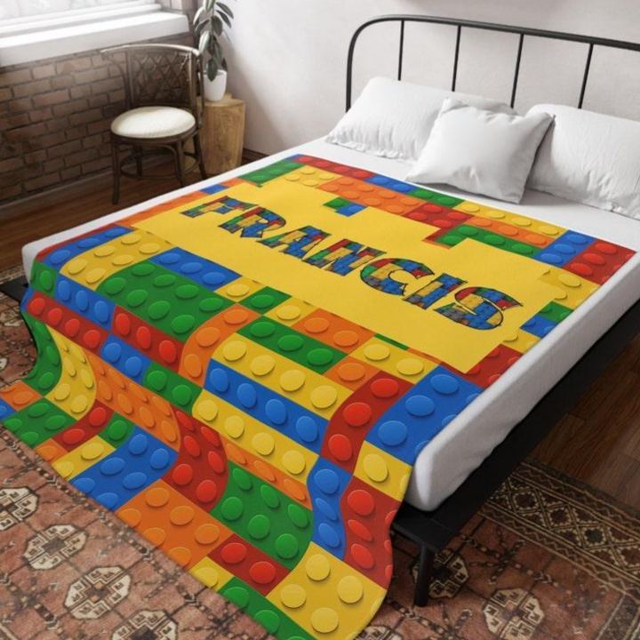 Manta de bloques de construcción con nombre personalizado, manta de piezas de ladrillos personalizada, manta decorativa para sofá
