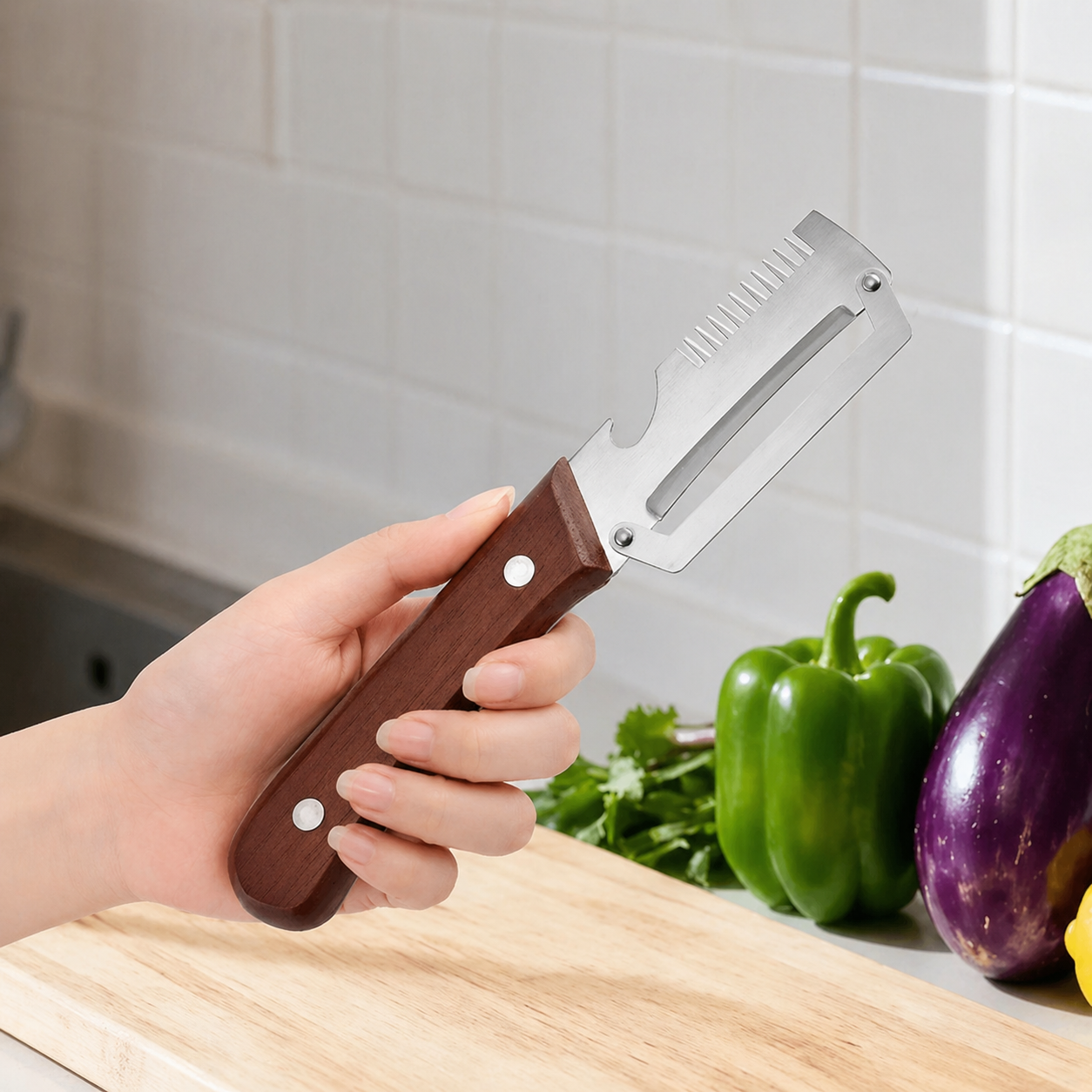 Multi Functional Vegetable Peeler for Kitchen,Wooden Handle, Potato Fruit Peeler with Bottle Opener Function