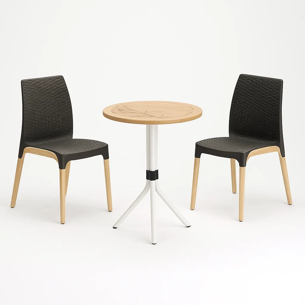 Set bistrot tavolo rotondo e sedie in legno e plastica nera-PLUSHROOMFIT