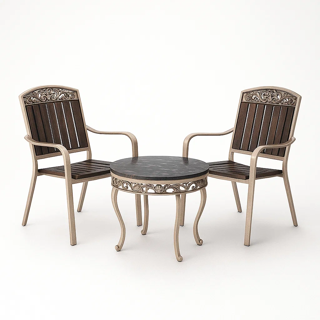 Set bistrot in alluminio e legno composito con tavolo e due sedie-PLUSHROOMFIT