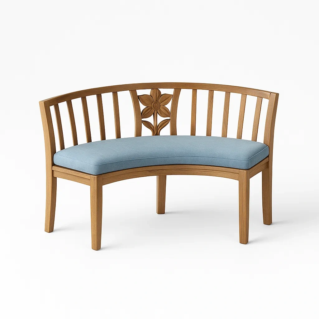 Panca angolare curva in legno con cuscino blu-PLUSHROOMFIT