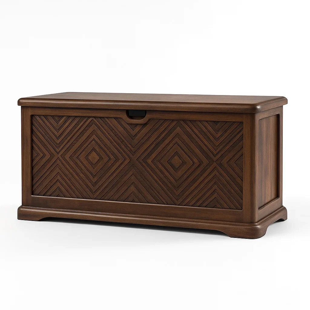 Contenitore e baule in legno marrone intagliato-PLUSHROOMFIT