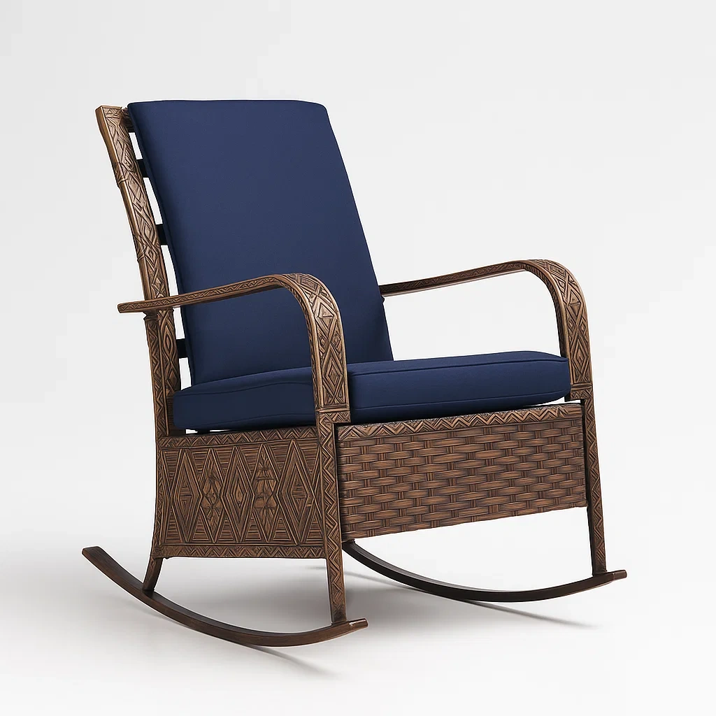 Sedia a dondolo in resina intrecciata marrone con cuscini blu da esterno-PLUSHROOMFIT