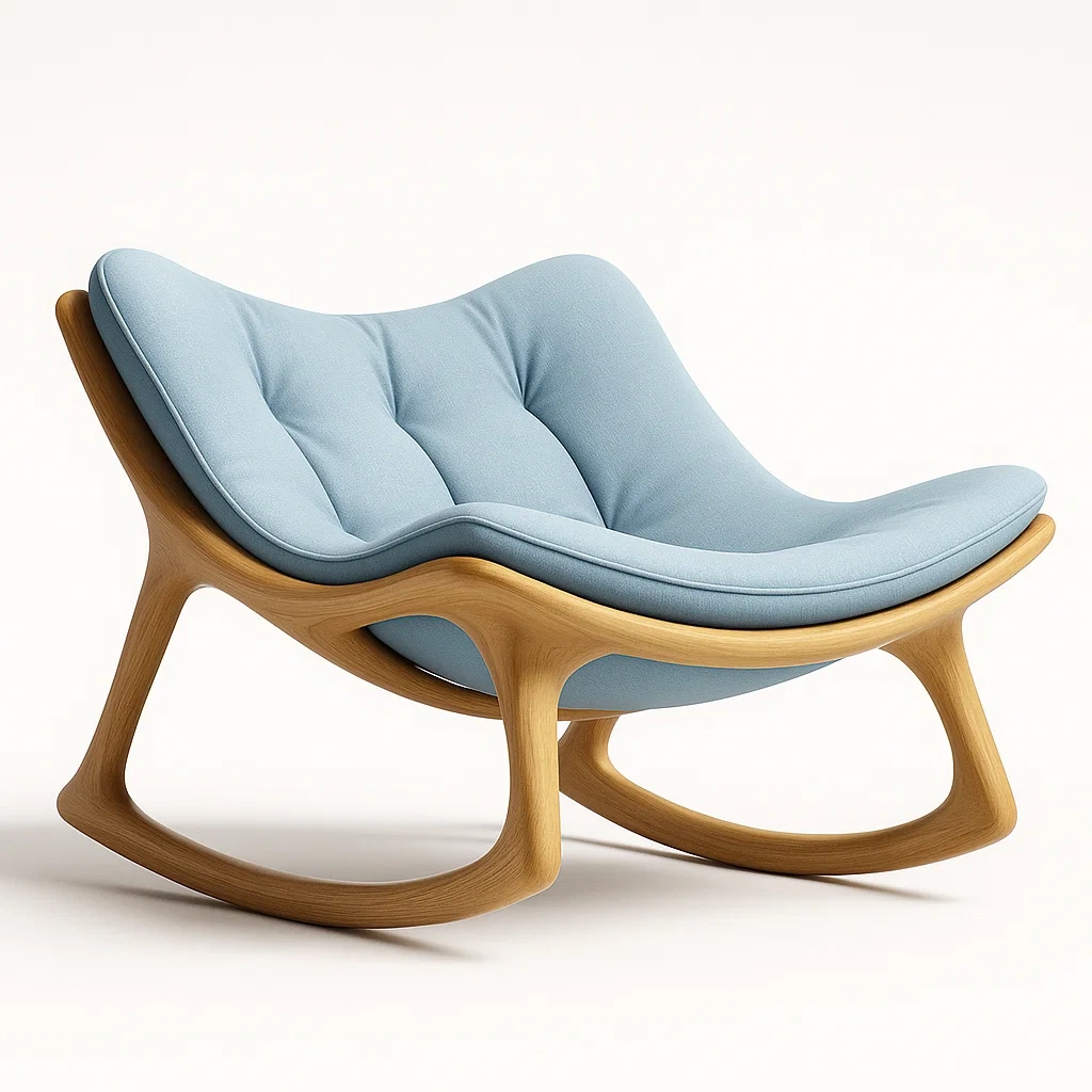 Sedia a dondolo in legno con seduta in cotone blu chiaro-PLUSHROOMFIT