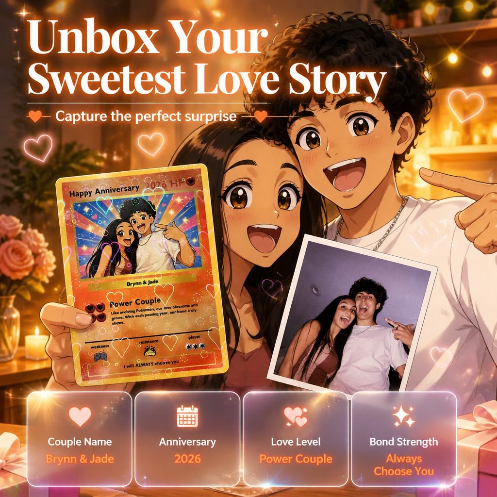 Custom Couple Trading Card - Personalized Anime Style Photo Card, Creative Anniversary Gift for Boyfriend Girlfriend, Holographic Heart Memory Card
