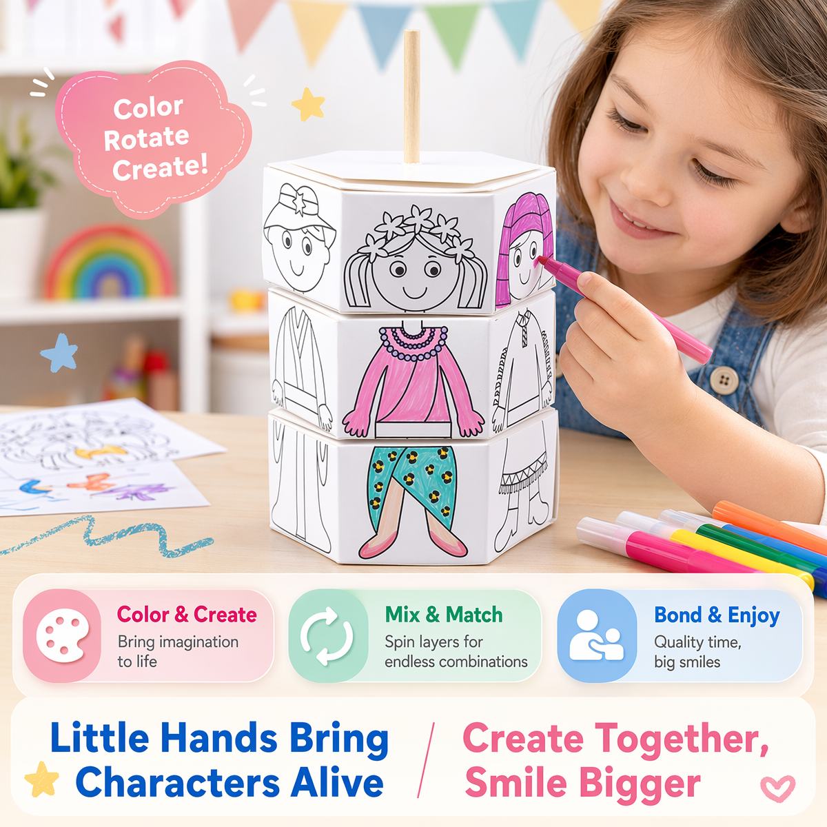 3D Spinning Mix-and-Match Coloring Puzzle Toy | Fun DIY Dress-Up Drawing Block Set for Toddlers | Creative Art Craft & Birthday Goodie Bag Fillers