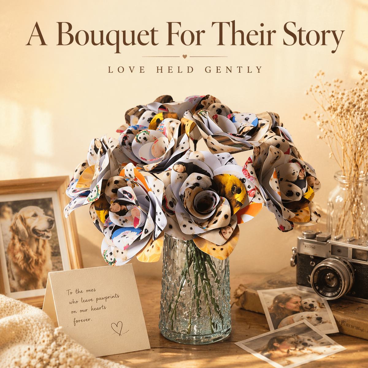 Custom Pet Photo Paper Rose Bouquet | Personalized Dog & Cat Picture Flower Bouquet | Unique Gift for Dog Mom, Pet Loss Memorial, Anniversary Gift