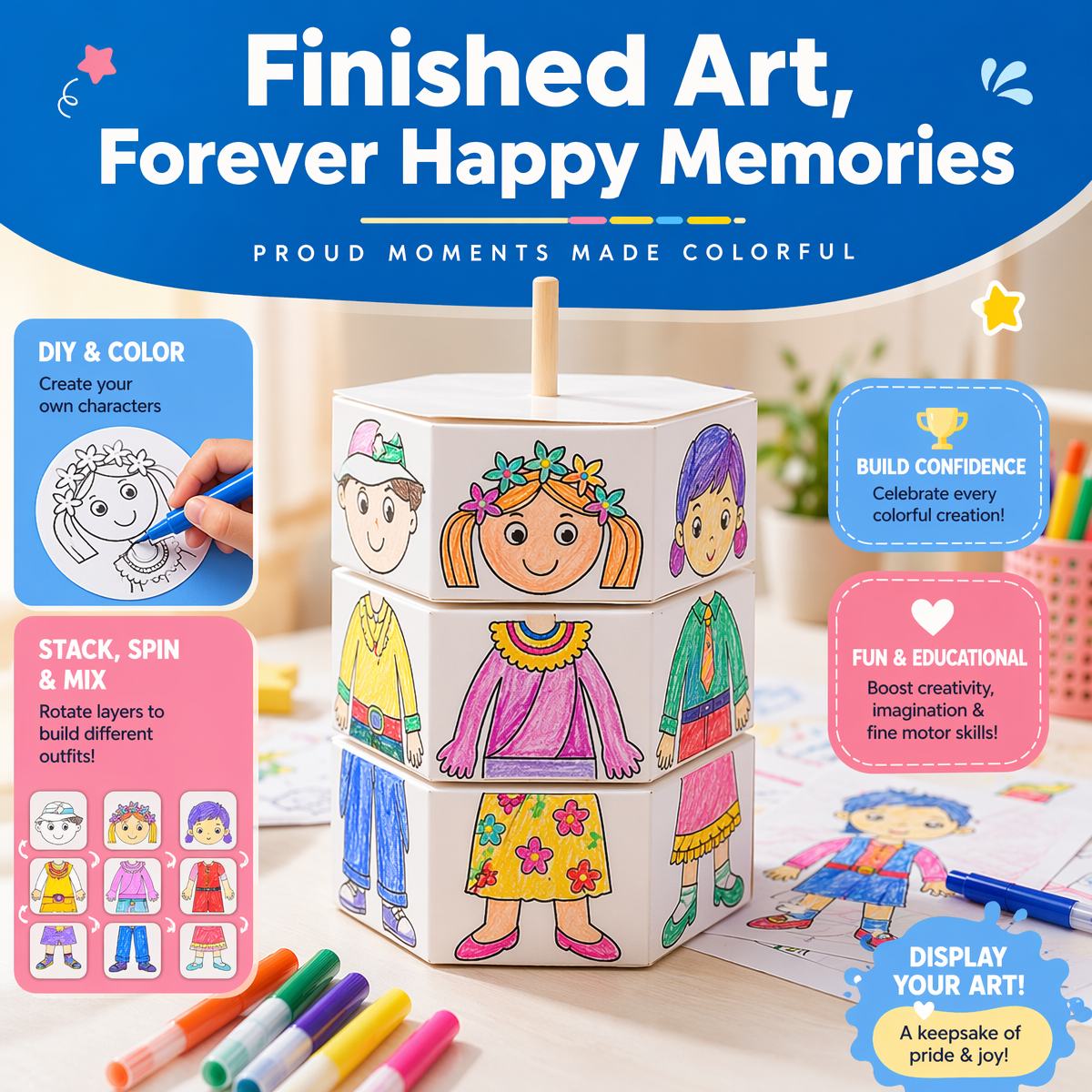 3D Spinning Mix-and-Match Coloring Puzzle Toy | Fun DIY Dress-Up Drawing Block Set for Toddlers | Creative Art Craft & Birthday Goodie Bag Fillers