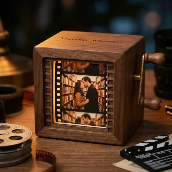 Personalized Wooden Photo Light Box Vintage Hand-Crank Photo Viewer - Romantic Hand-Crank Memory Film Box for Couples