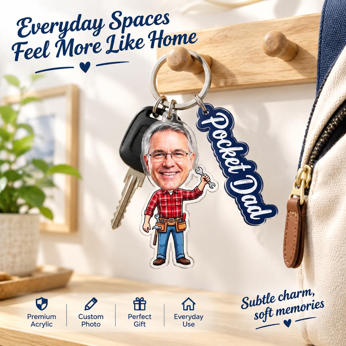 Personalized Pocket Dad Keychain Gift for Father Christmas Gifts – Custom Acrylic Car Key Holder with Tool Belt Design