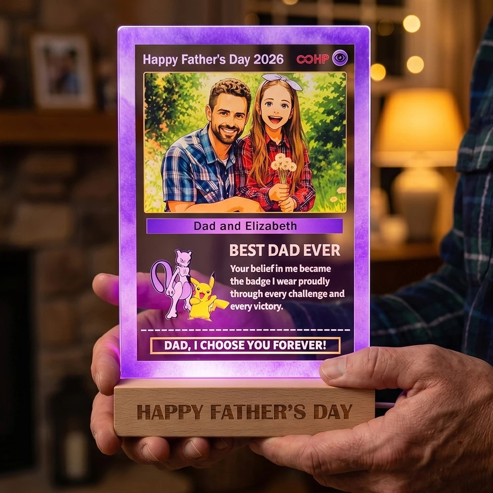 Custom Anime Photo & Sprite "Best Dad Ever" Card Acrylic LED Light Art