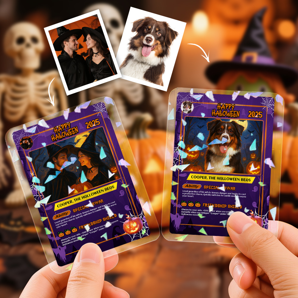 Custom Halloween & Christmas Couple Card – Personalized Cartoon Trading Card with Photo & Name, Unique Holiday Gift for Him & Her