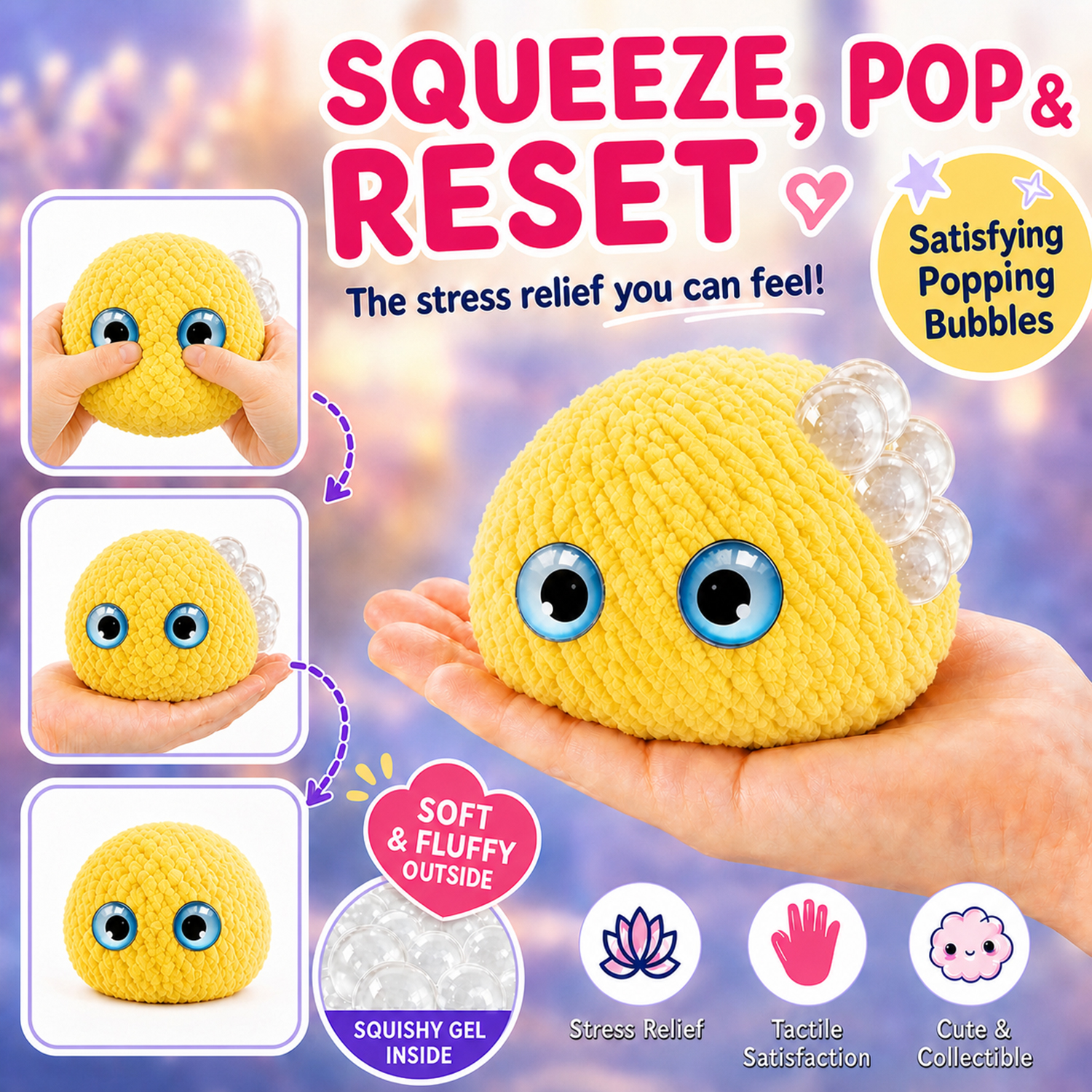 Crochet Bubble Squishy Ball – Soft Handwoven Fidget Toy with Slow-Rising Bubble Pop, Cute Sensory Stress Relief Toy