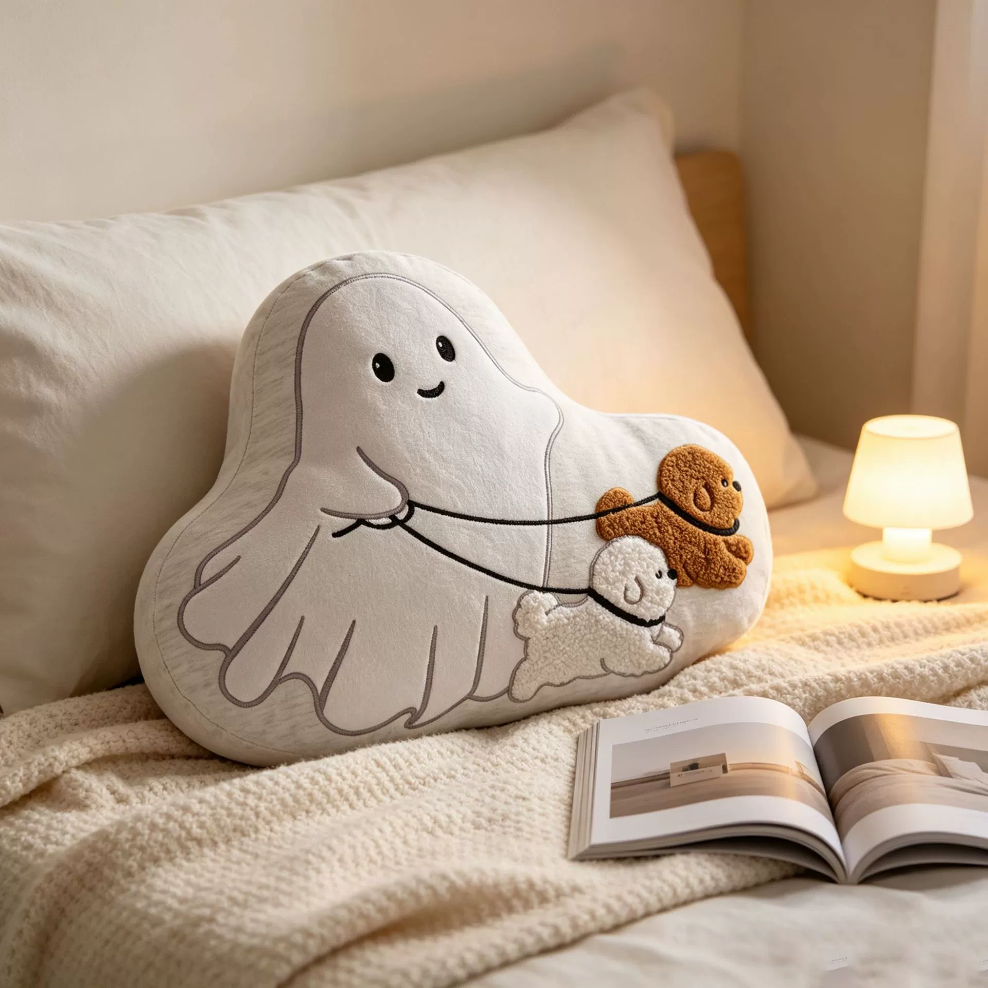Pet-Lover's Halloween Pillow: Cute Ghost Holding Leashed Dogs – Cozy Home Decor for Dog Owners & Minimalist Interiors