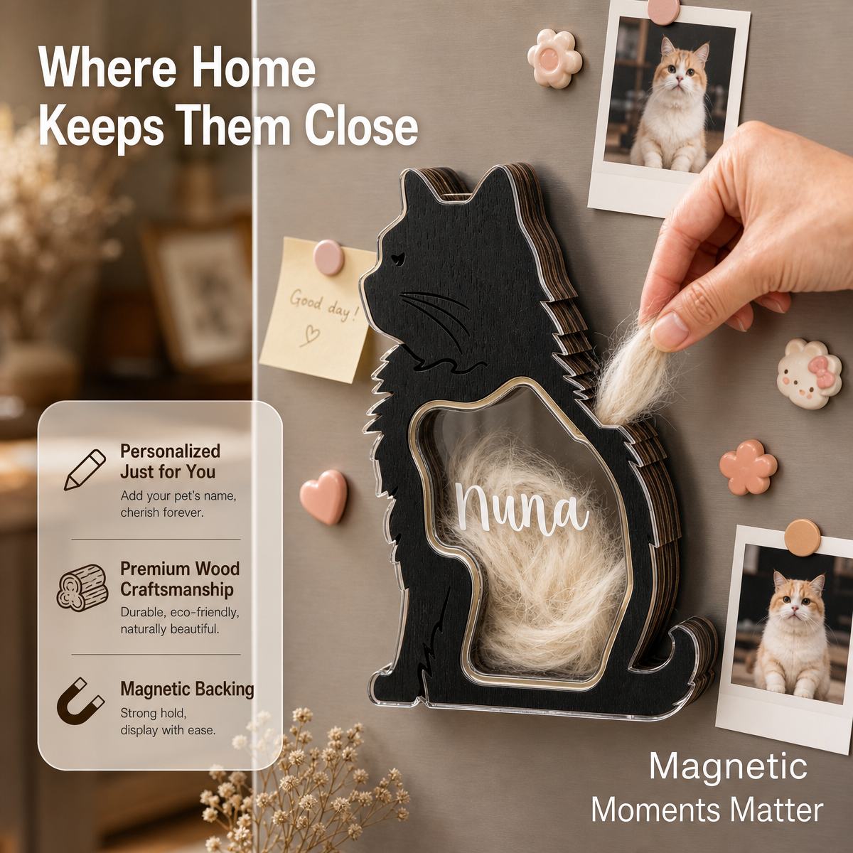 Personalized Pet Fur Keepsake Frame – Custom Wooden Cat & Dog Silhouette Hair Holder with Acrylic Lid & Strong Magnet, Unique Pet Memorial Gift & Daily Keepsake Decor