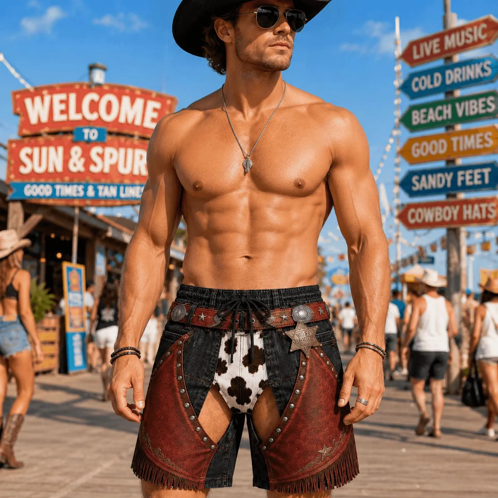 Funny Cowboy Chaps Swim Trunks, 3D Printed Funny Men Shorts, Bachelor Party Gag Gift for Men, Cowboy Beach Shorts, Western Party Shorts