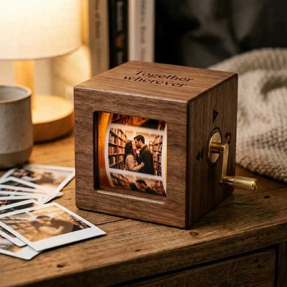 Personalized Wooden Photo Light Box Vintage Hand-Crank Photo Viewer - Romantic Hand-Crank Memory Film Box for Couples