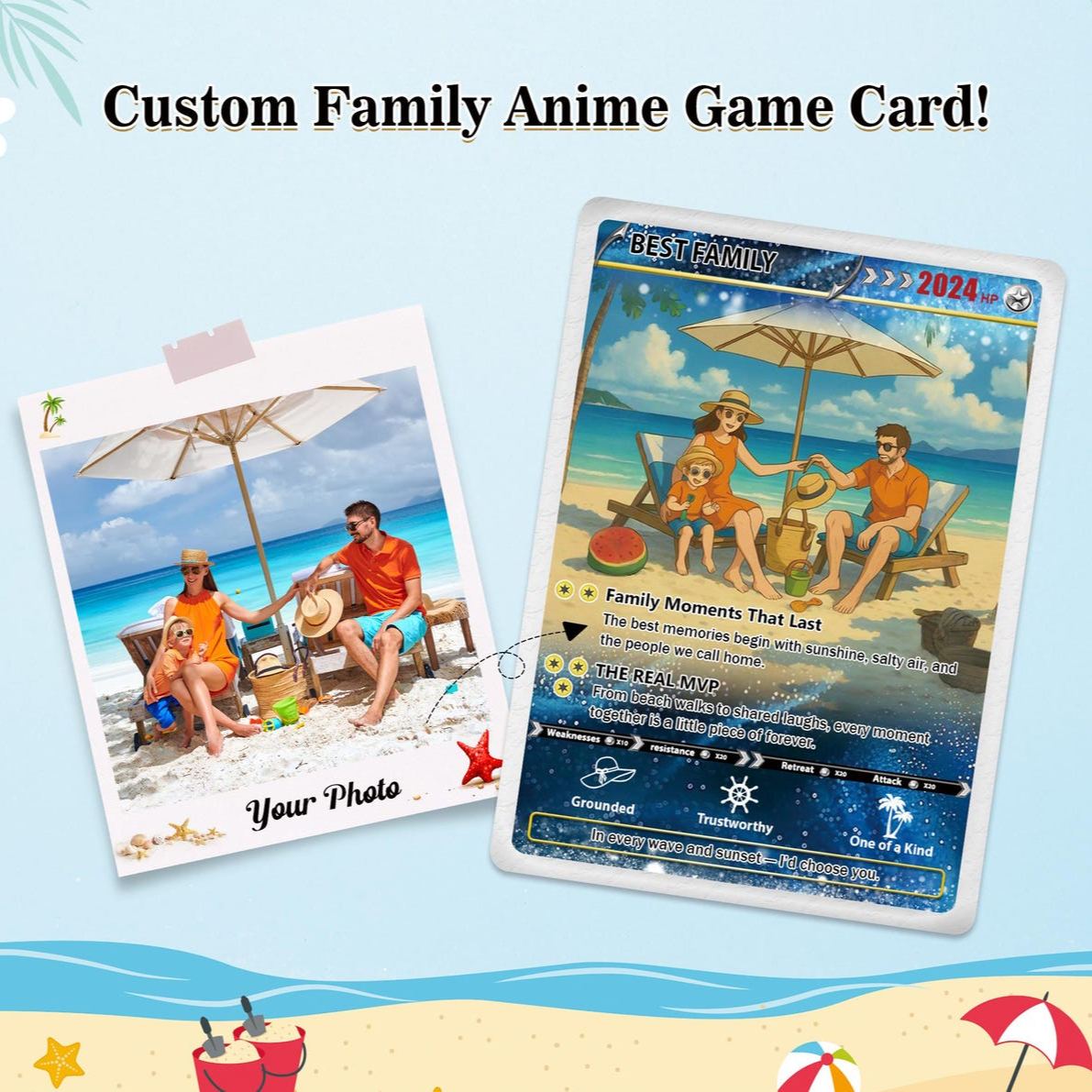 Custom Poke-Style Family Memory Card–Personalized Anime Card with Family Photo, Names, and Traits–Unique Keepsake Gift for Parents & Kids