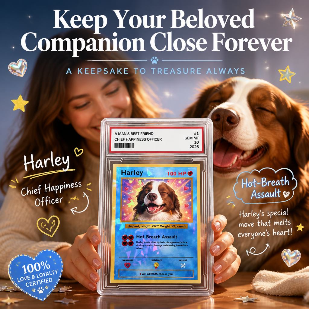 Personalized Pet Trading Card with Display Case - Custom Dog Cat Photo Anime Card, Funny Custom Pet Stats & Skills Picture Frame, Unique Graded Card Gift for Pet Lovers Owners