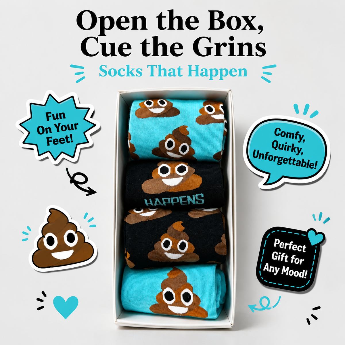 The "Life Happens" Funny Emoji Socks Gift Box - 4-Pack Premium Cotton Novelty Socks for Coworkers & Friends