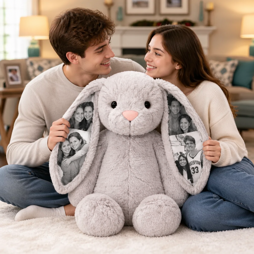 Custom Photo Bunny Plush – Personalized Hidden Ear Picture Bunny Gift for Couples  Anniversary Mother's Day Gifts