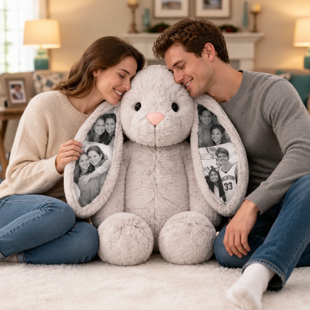 Custom Photo Bunny Plush – Personalized Hidden Ear Picture Bunny Gift for Couples  Anniversary Mother's Day Gifts