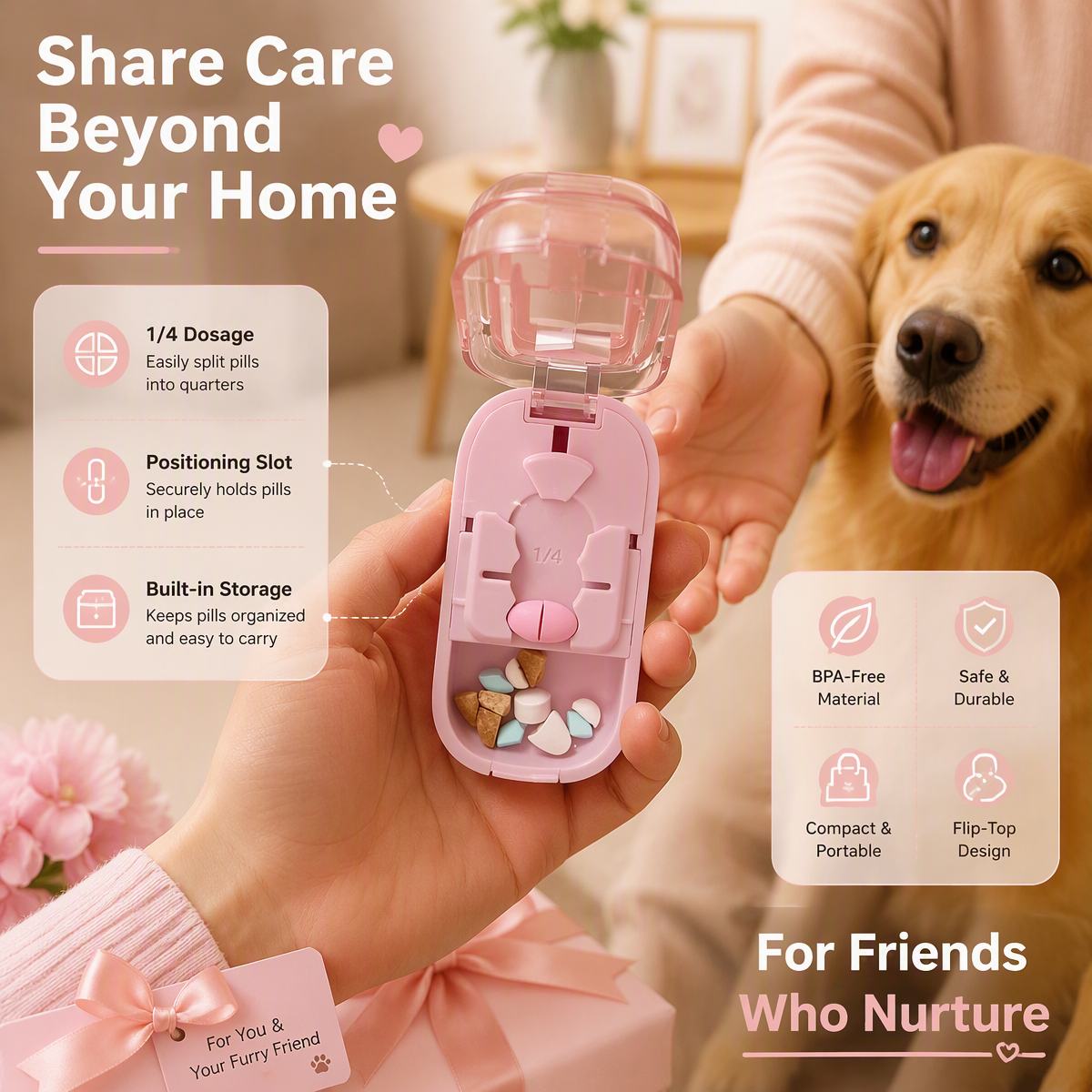 Pet Pill Cutter Dispenser Case – Safe, Portable Tablet Splitter for Dogs & Cats with Storage Compartment, Ideal Gift for Pet Owners on Christmas or Birthday