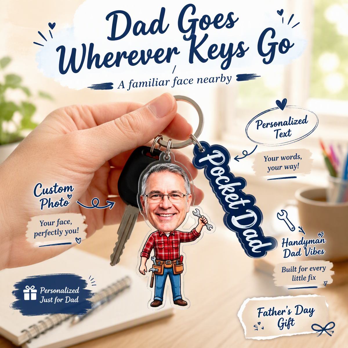 Personalized Pocket Dad Keychain Gift for Father Christmas Gifts – Custom Acrylic Car Key Holder with Tool Belt Design