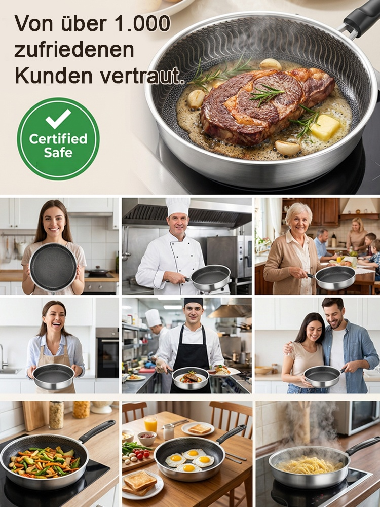 Das Geheimnis der 5-Sterne-Köche für zu Hause:Original Hybrid-Edelstahlpfanne mit Waben-Schwebetechnik.100% PFOA-Frei, Zertifiziert.