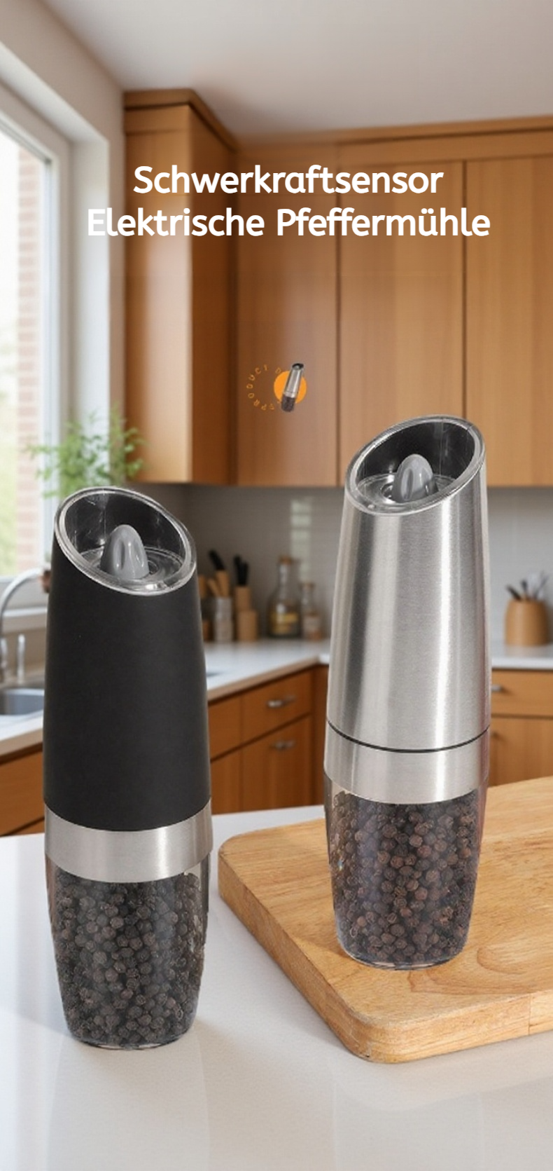Wiederaufladbare elektrische Pfeffermühle in moderner Küche