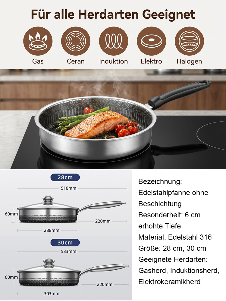 Das Geheimnis der 5-Sterne-Köche für zu Hause:Original Hybrid-Edelstahlpfanne mit Waben-Schwebetechnik.100% PFOA-Frei, Zertifiziert.
