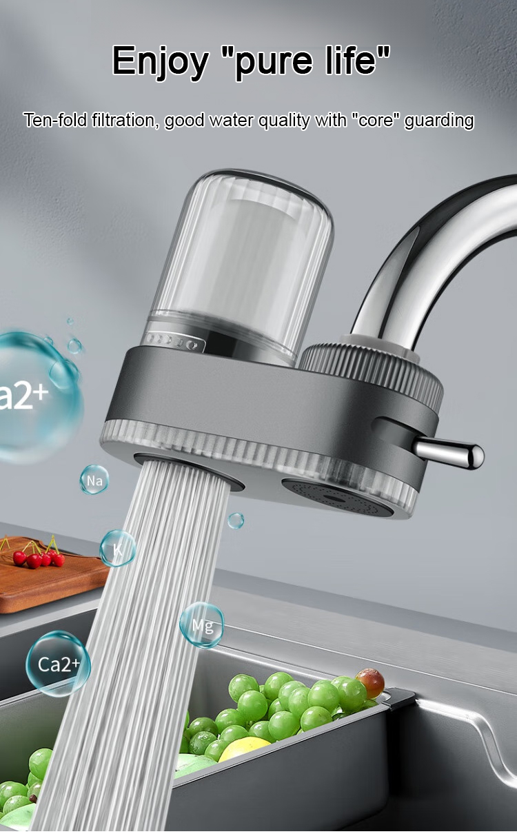 Filtered water pouring from tap purifier into glass