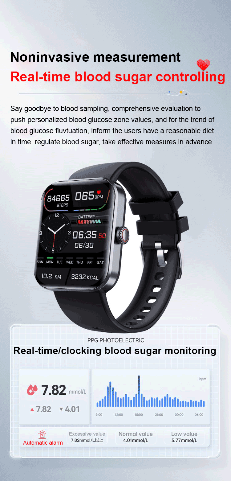 Blood glucose smartwatch app interface on phone