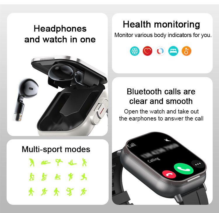 Smart Watch with built-in Bluetooth Earphones on wrist
