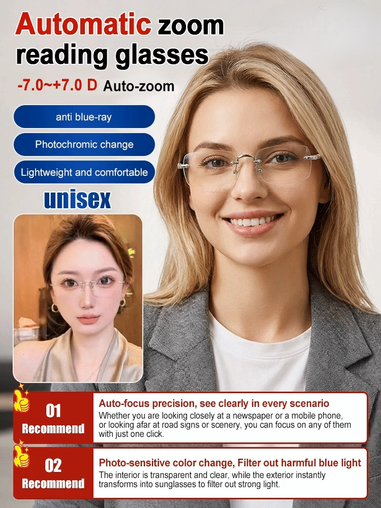 -7.0~7.0D Auto-Focus Eyeglasses-Photosensitive color-changing ultra-light frameless reading glasses